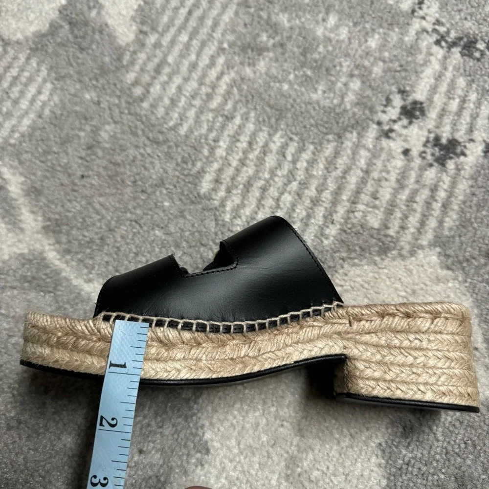 J. Crew Made in Spain Black Leather Gold Buckle Block Heel Espadrilles